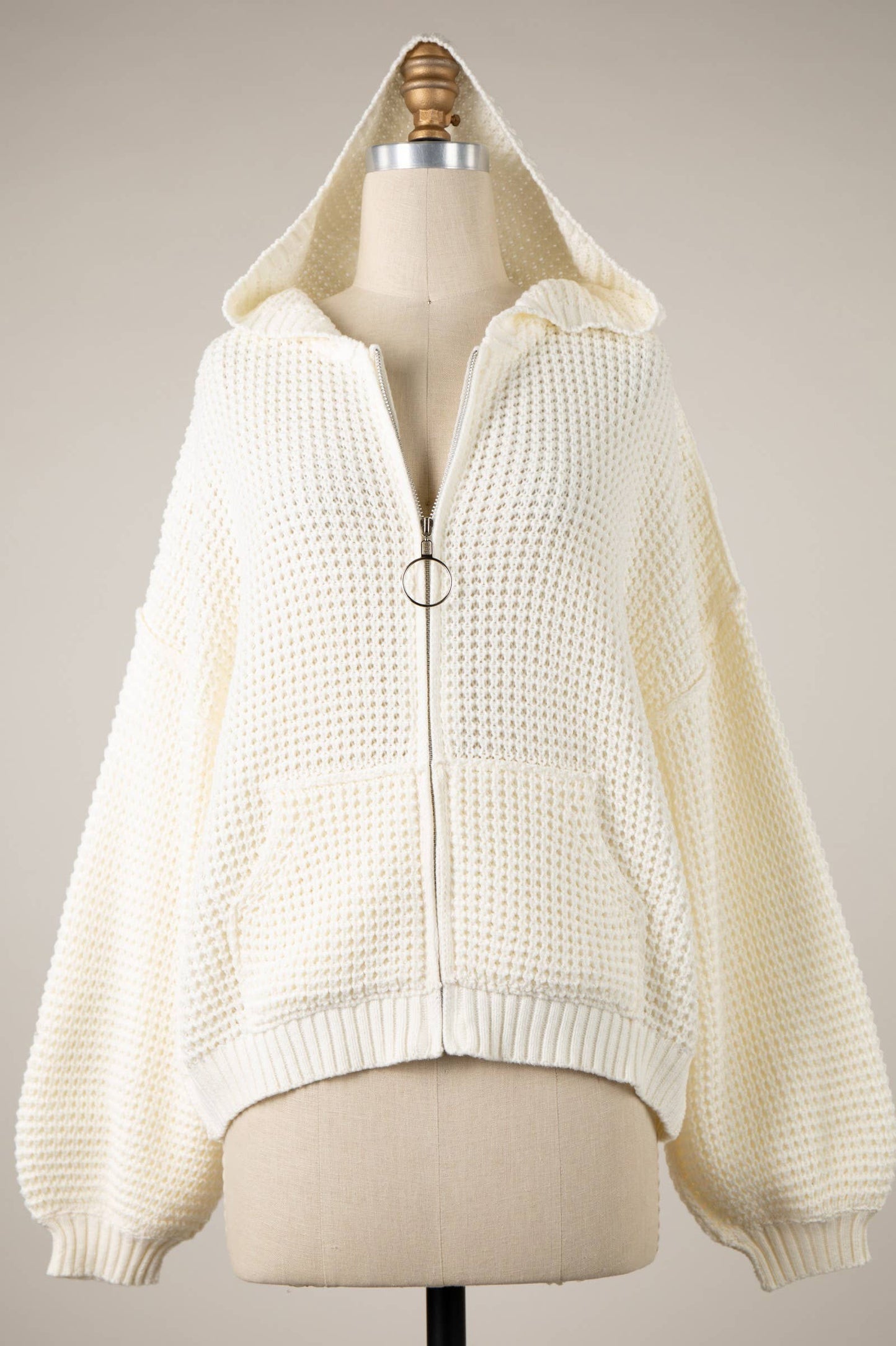 ZIP UP CABLE KNIT HOODIE SWEATER TOP CARDIGAN