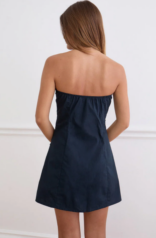 Jesamine Bandeau Dress In Dark Navy With Lace Trim