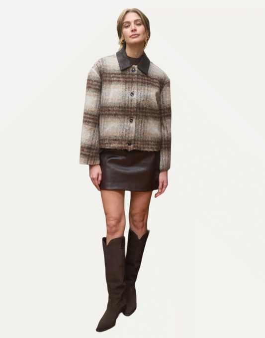 Brushed Plaid Contrast Collar Jacket