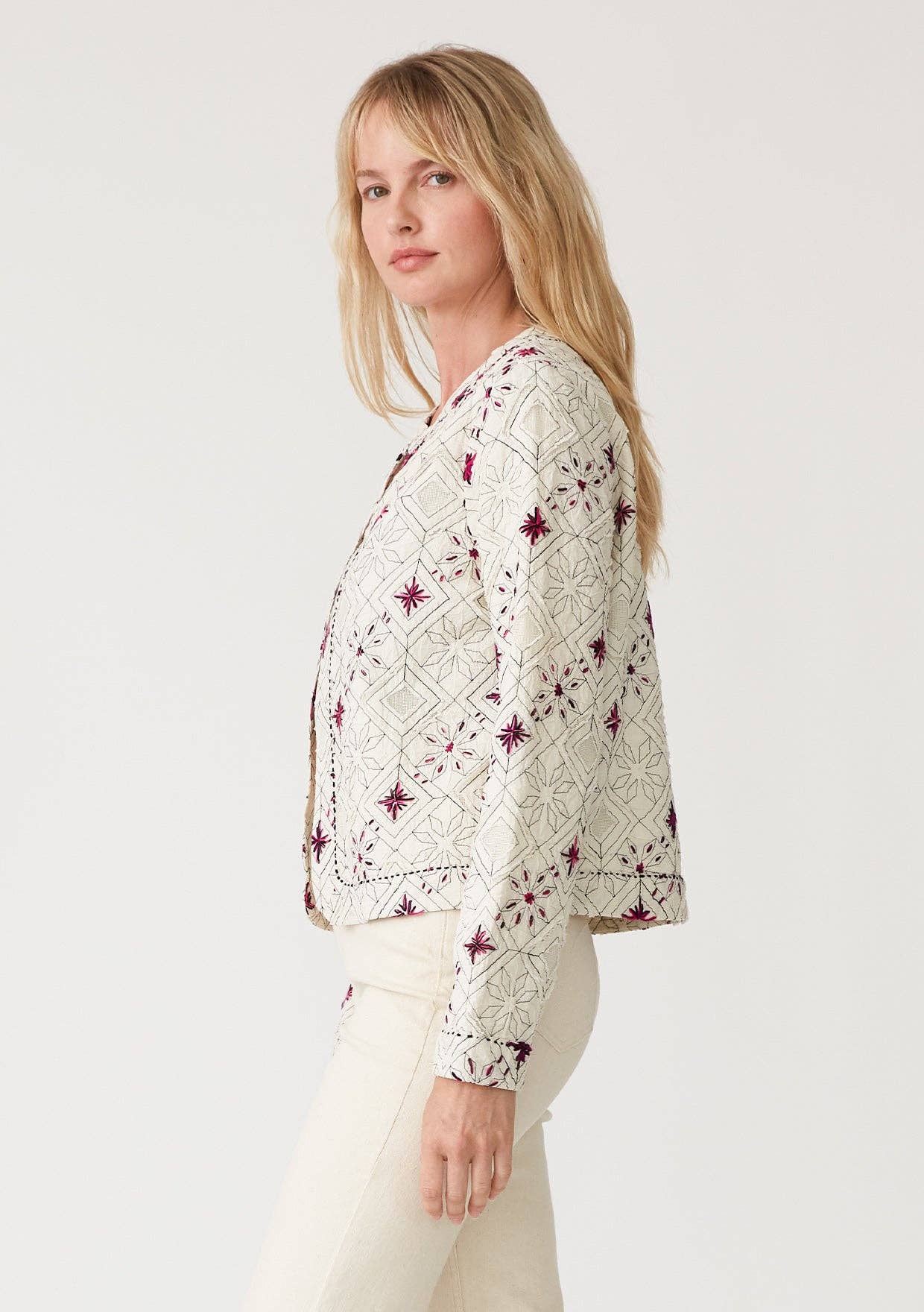 Cotton Embroidered Open Front Woven Jacket