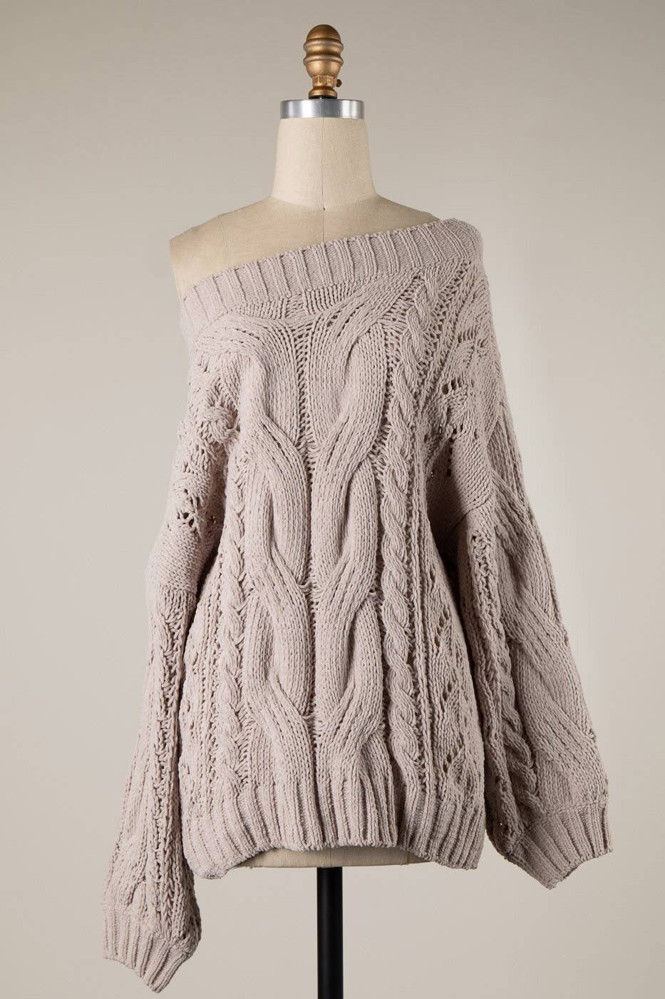 Boat Neck Braid Cable Knit Chenille Tunic Sweater