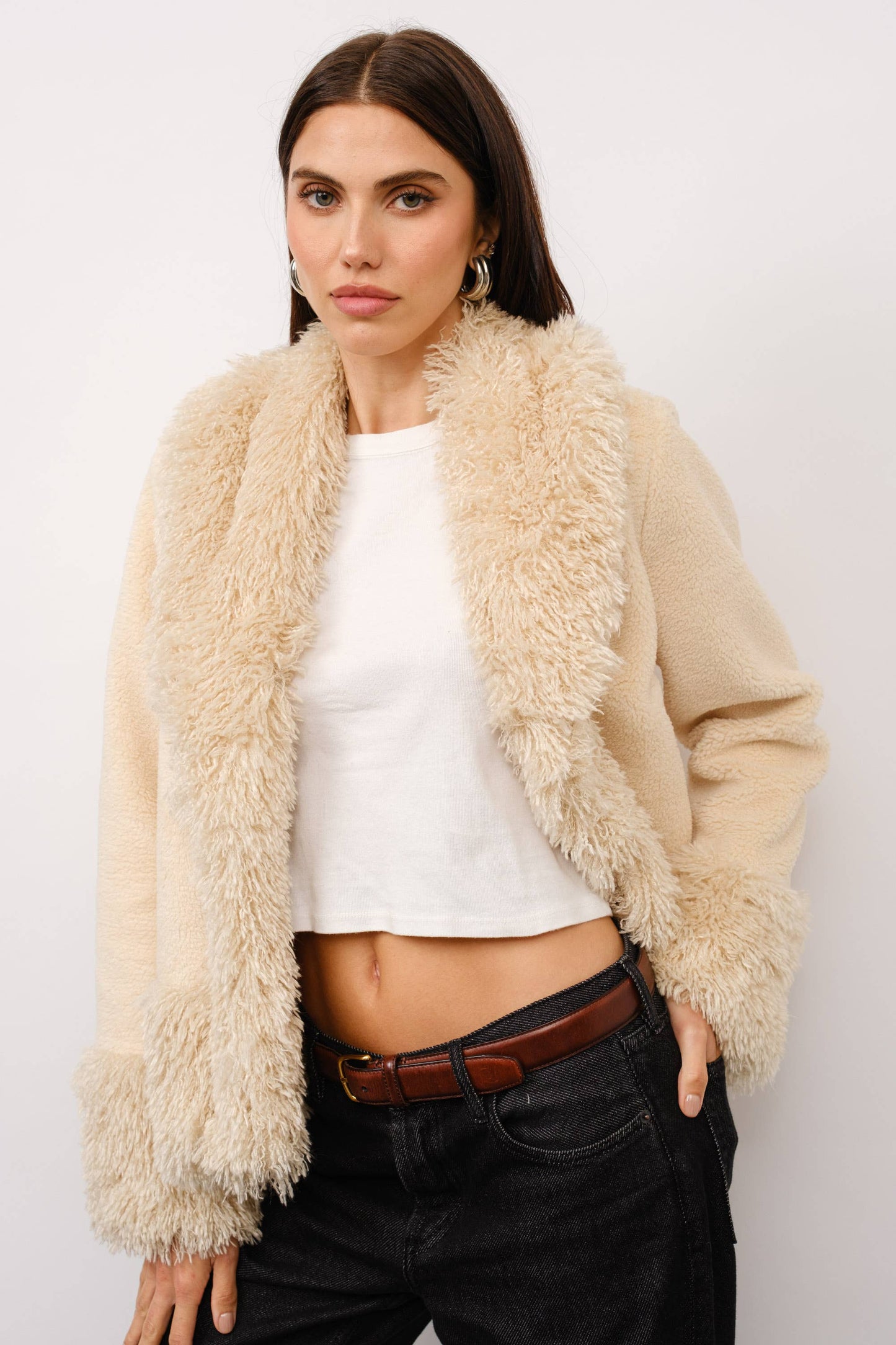 Cecilia Contrast Fur Short Coat - Cream