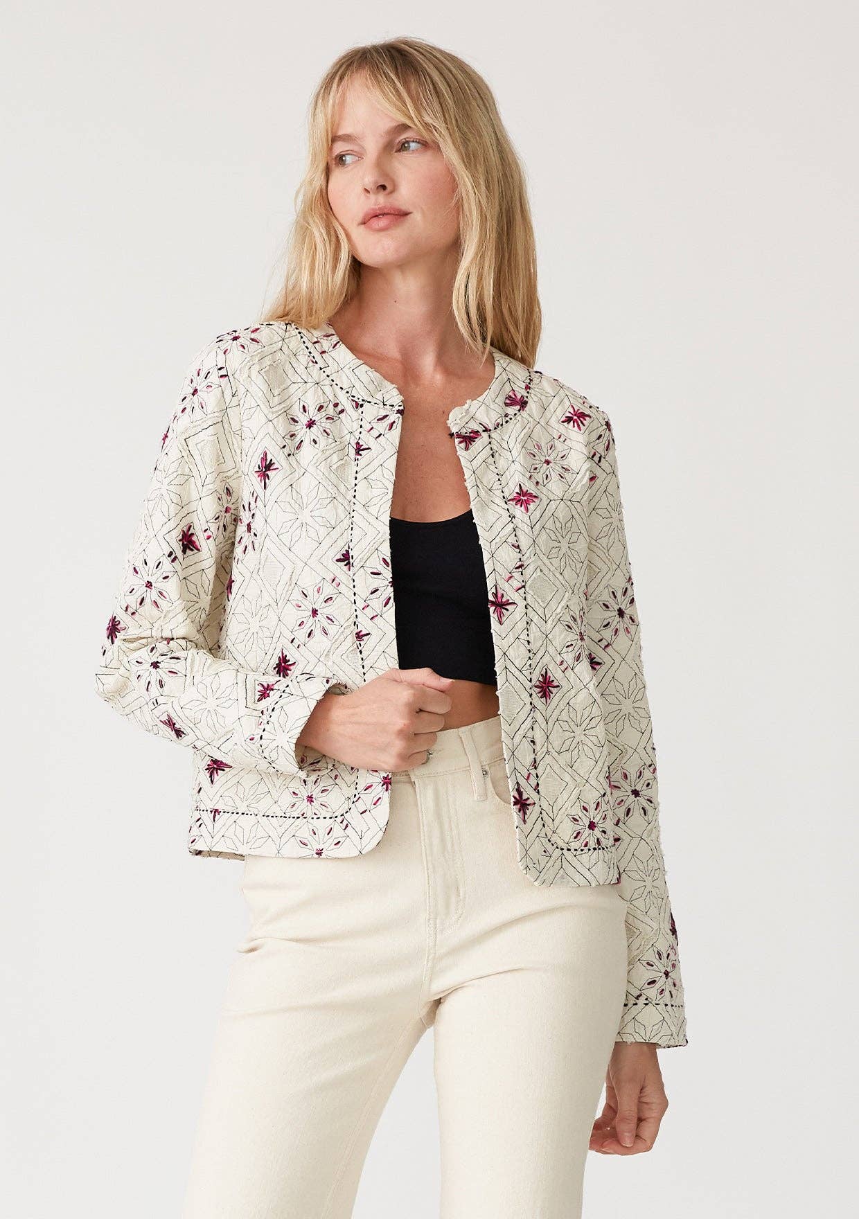 Cotton Embroidered Open Front Woven Jacket