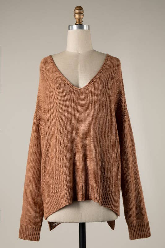 V Neck Ribbed Trim Cable Knit Light Sweater