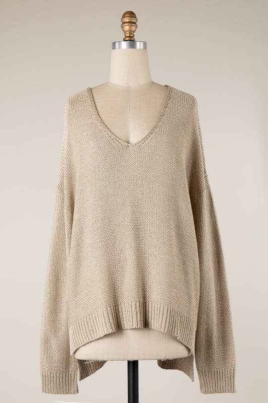 V Neck Ribbed Trim Cable Knit Light Sweater