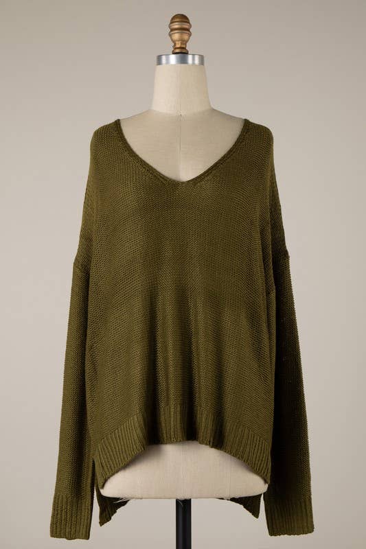 V Neck Ribbed Trim Cable Knit Light Sweater