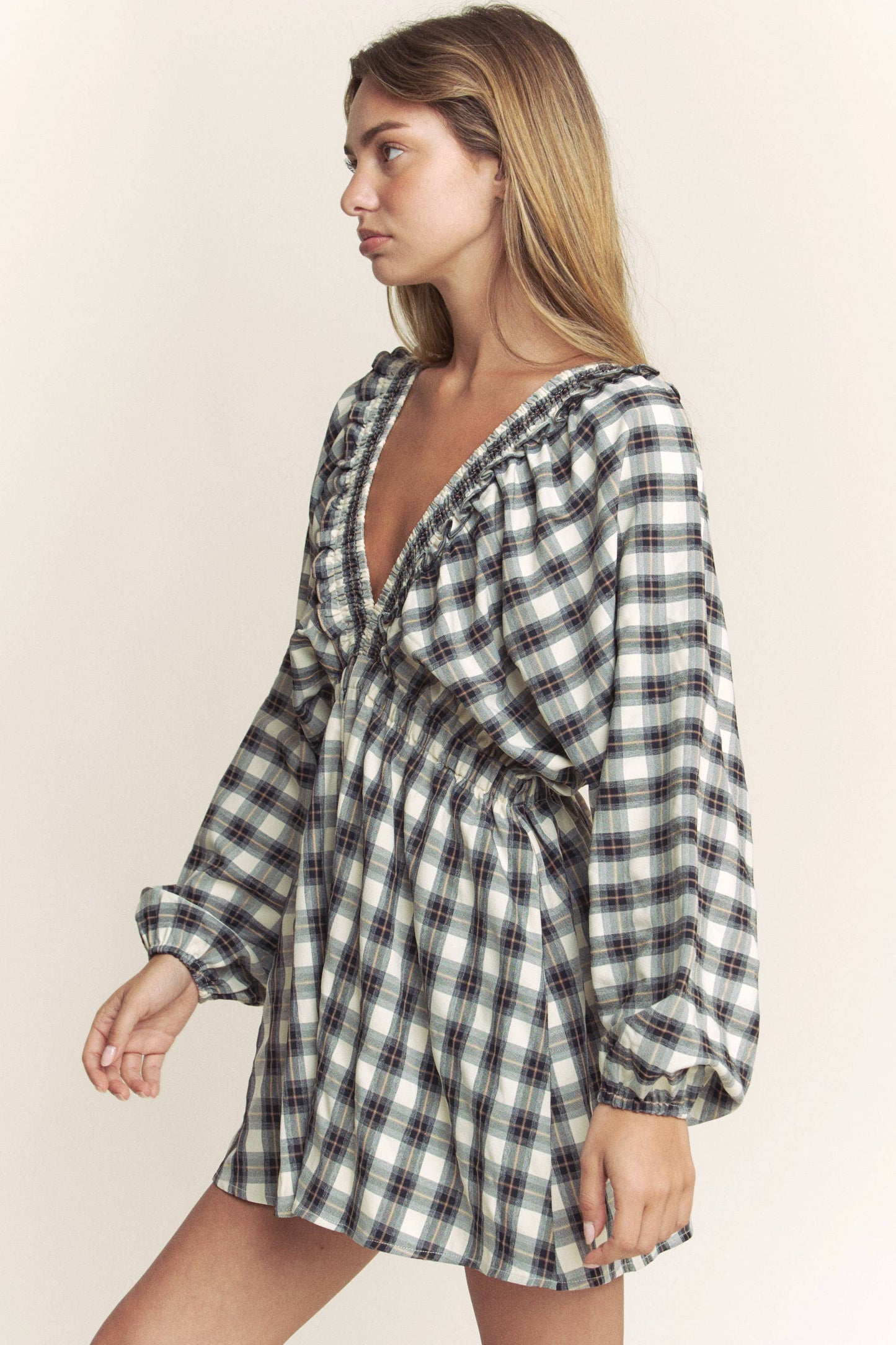 PLAID DEEP V KIMONO SLEEVE ROMPER
