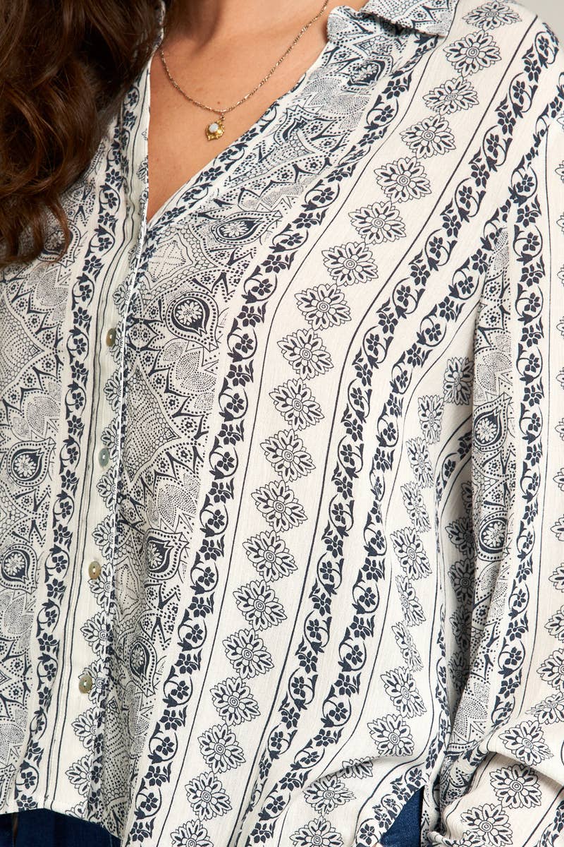 Printed Striped Button Down Blouse