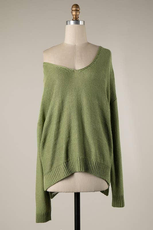 V Neck Ribbed Trim Cable Knit Light Sweater