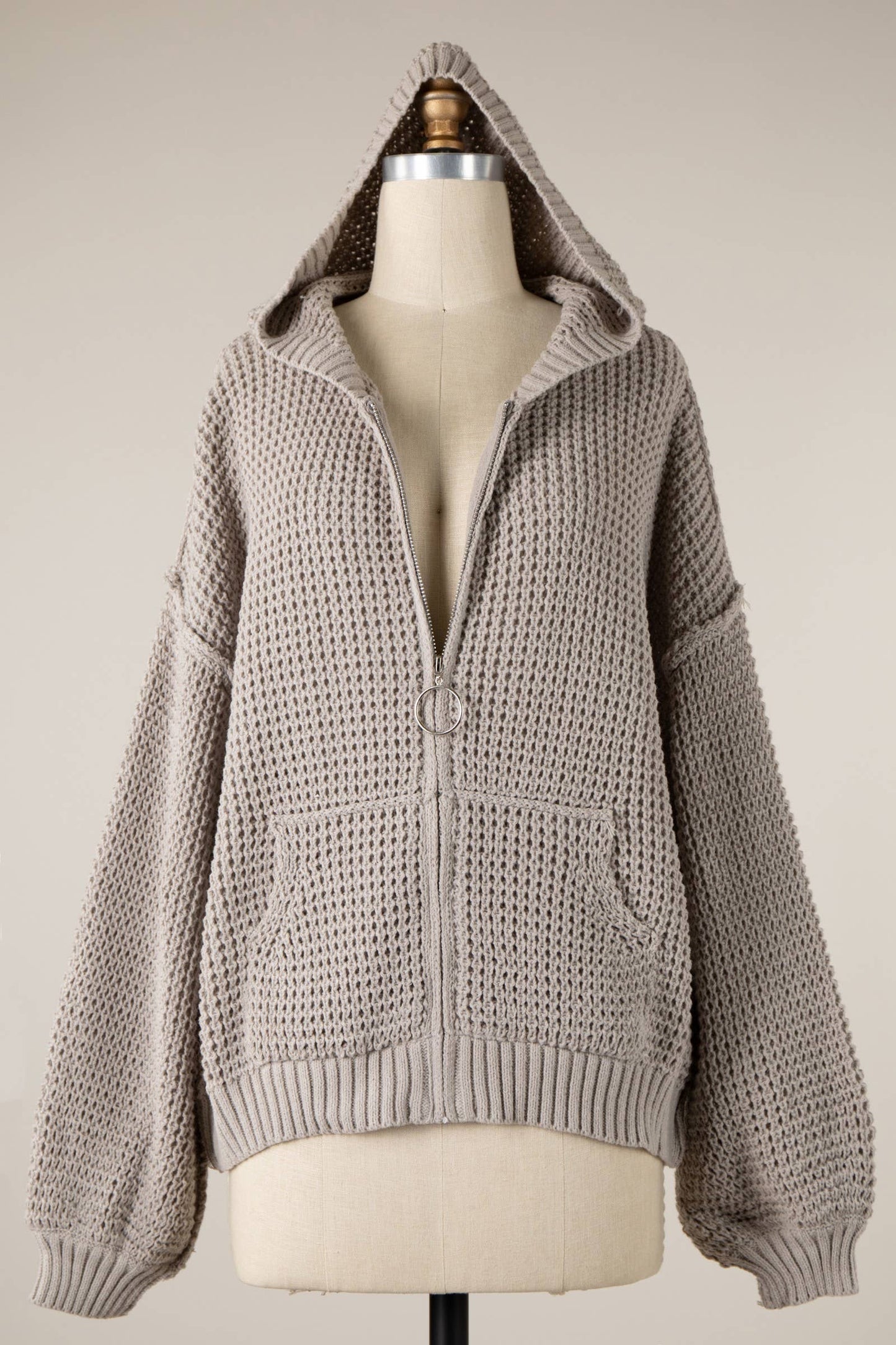 ZIP UP CABLE KNIT HOODIE SWEATER TOP CARDIGAN
