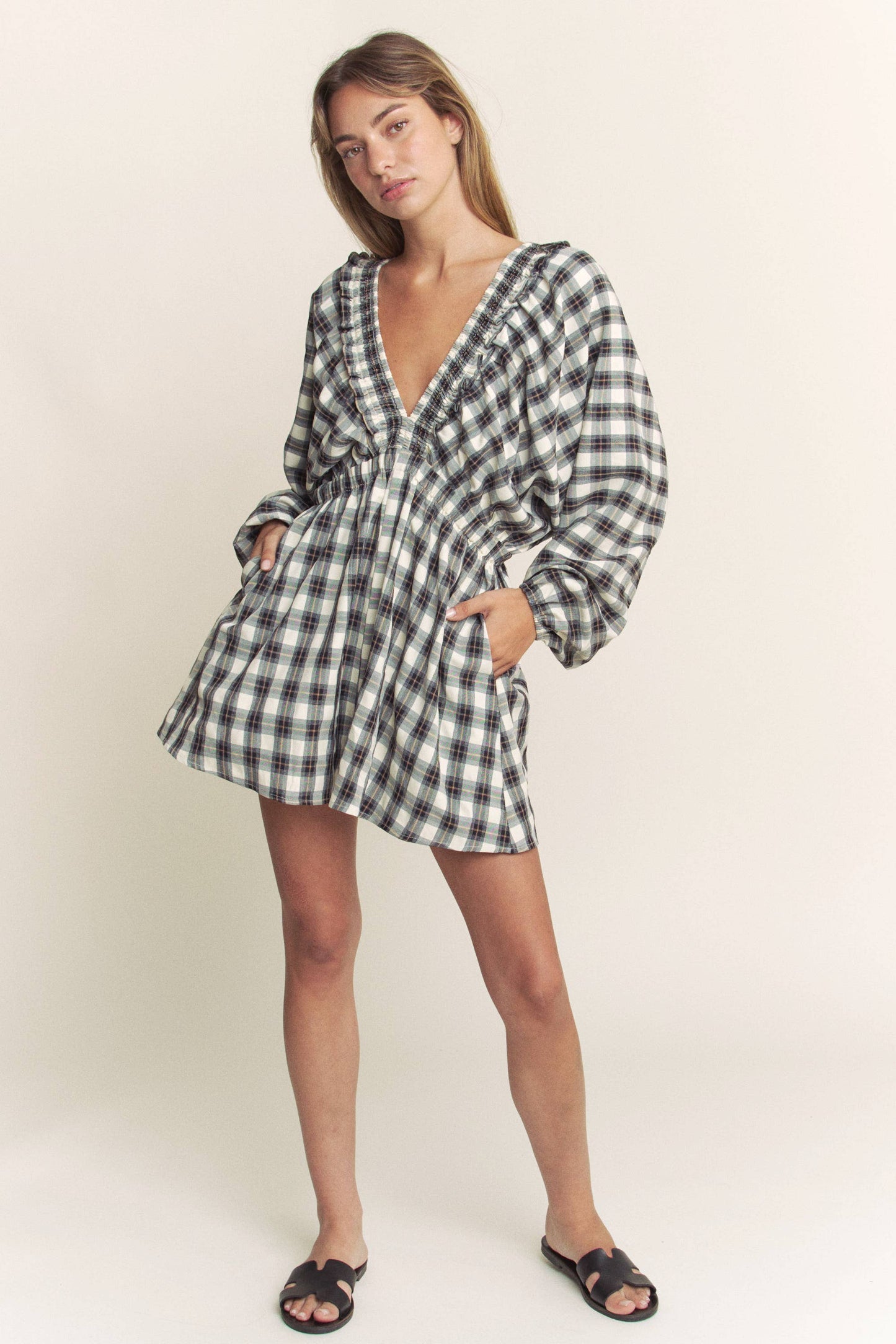 PLAID DEEP V KIMONO SLEEVE ROMPER