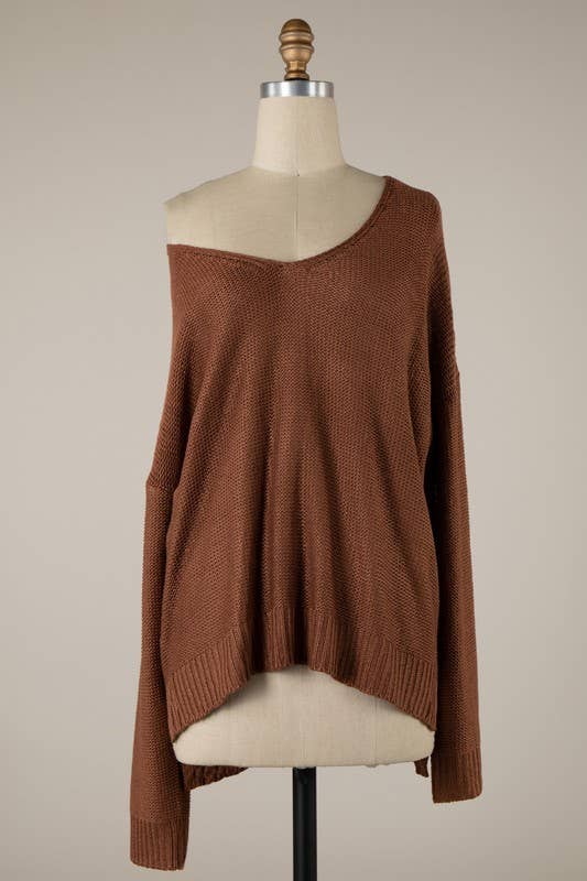 V Neck Ribbed Trim Cable Knit Light Sweater