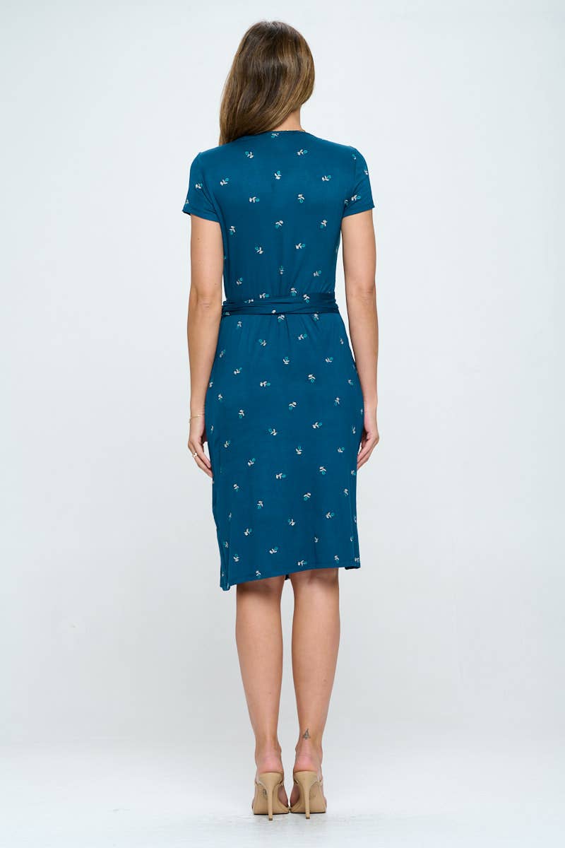Made in USA Floral Print V neck Jersey Wrap Dress with Tie
