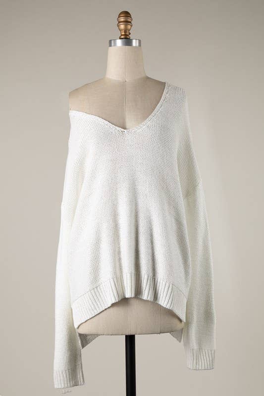 V Neck Ribbed Trim Cable Knit Light Sweater