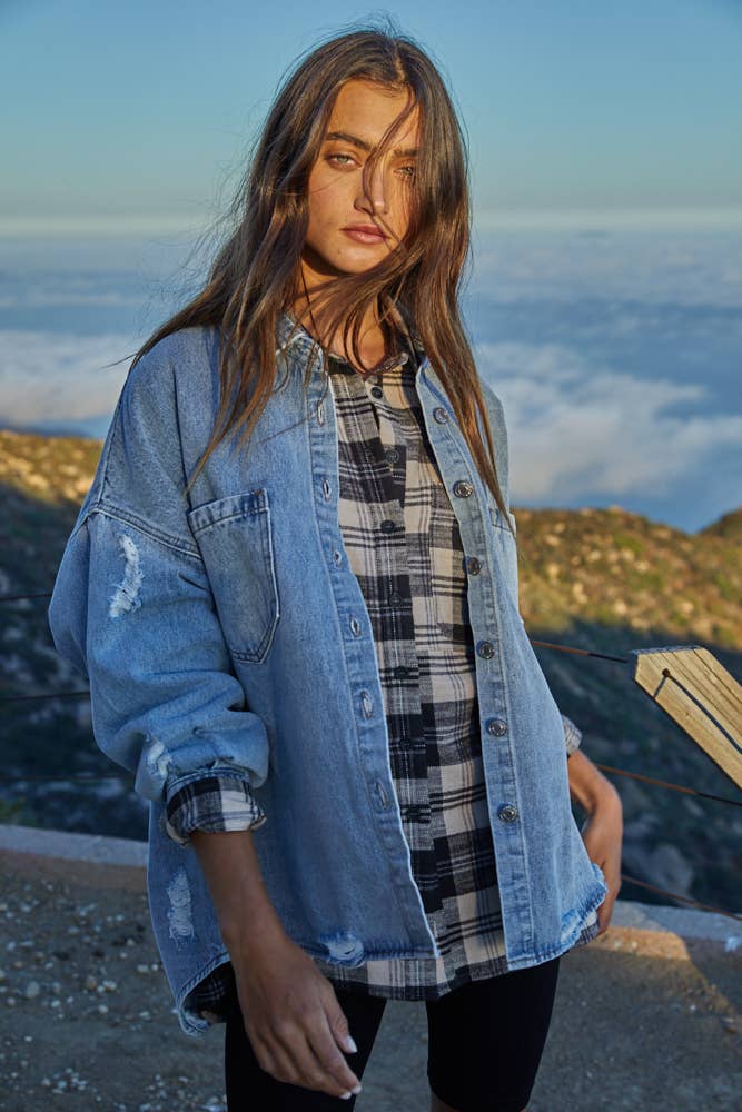 Washed Denim Ripped Button Down Jacket