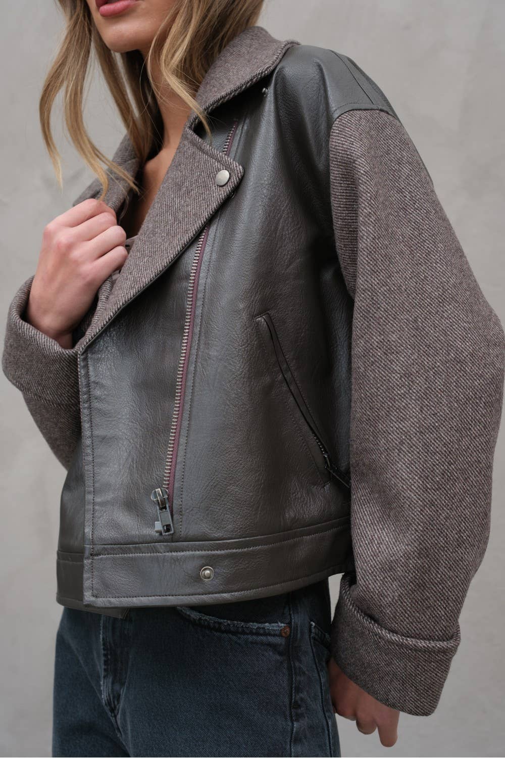 HERRINGBONE LEATHER COMBI JACKET