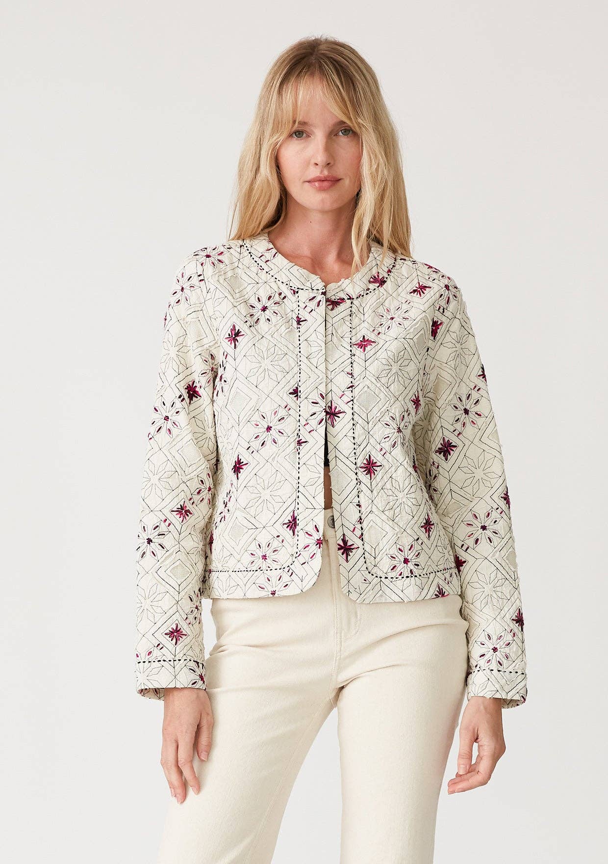 Cotton Embroidered Open Front Woven Jacket