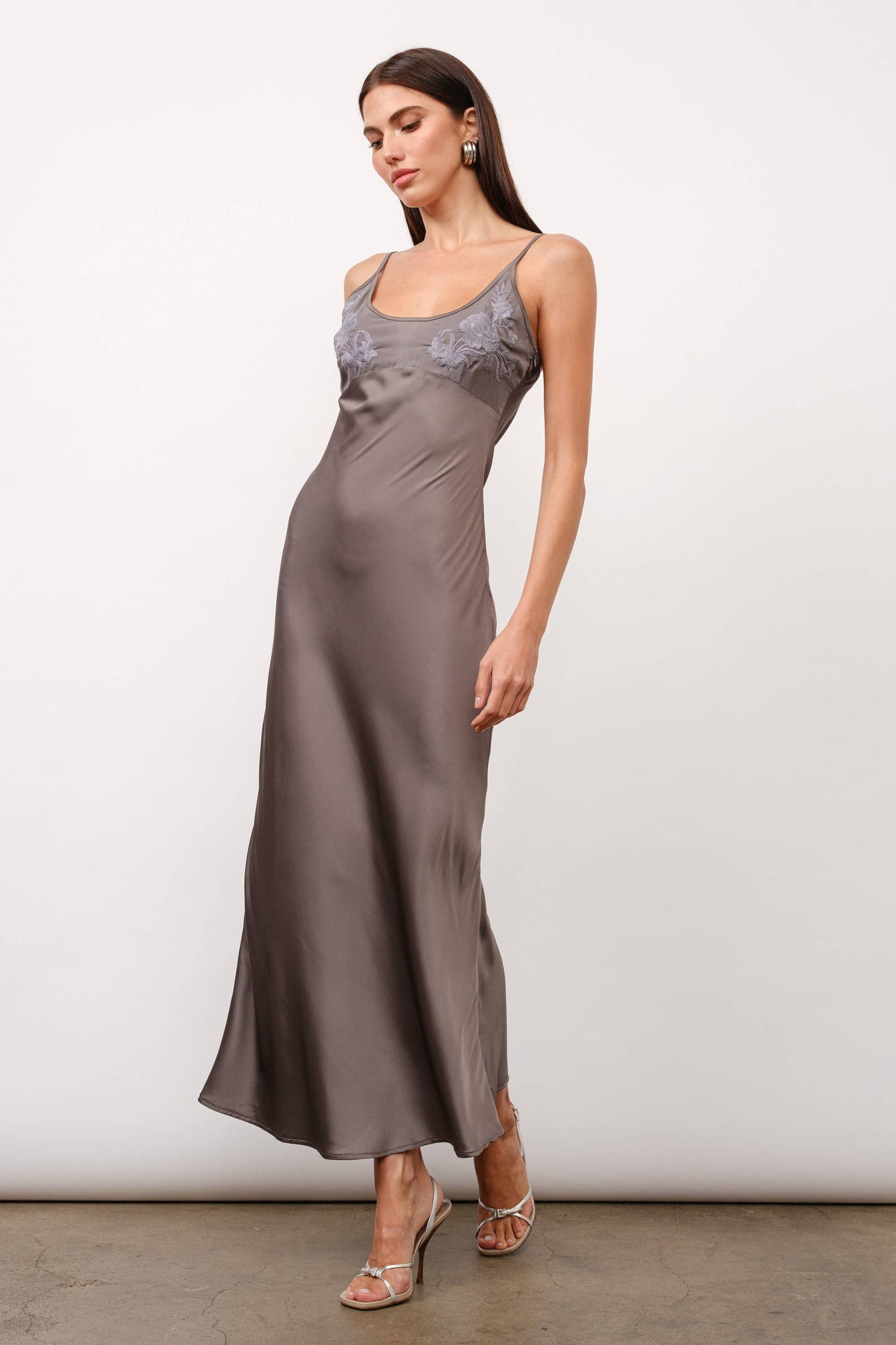 Zaria Embroidery Satin Slip Dress - Charcoal