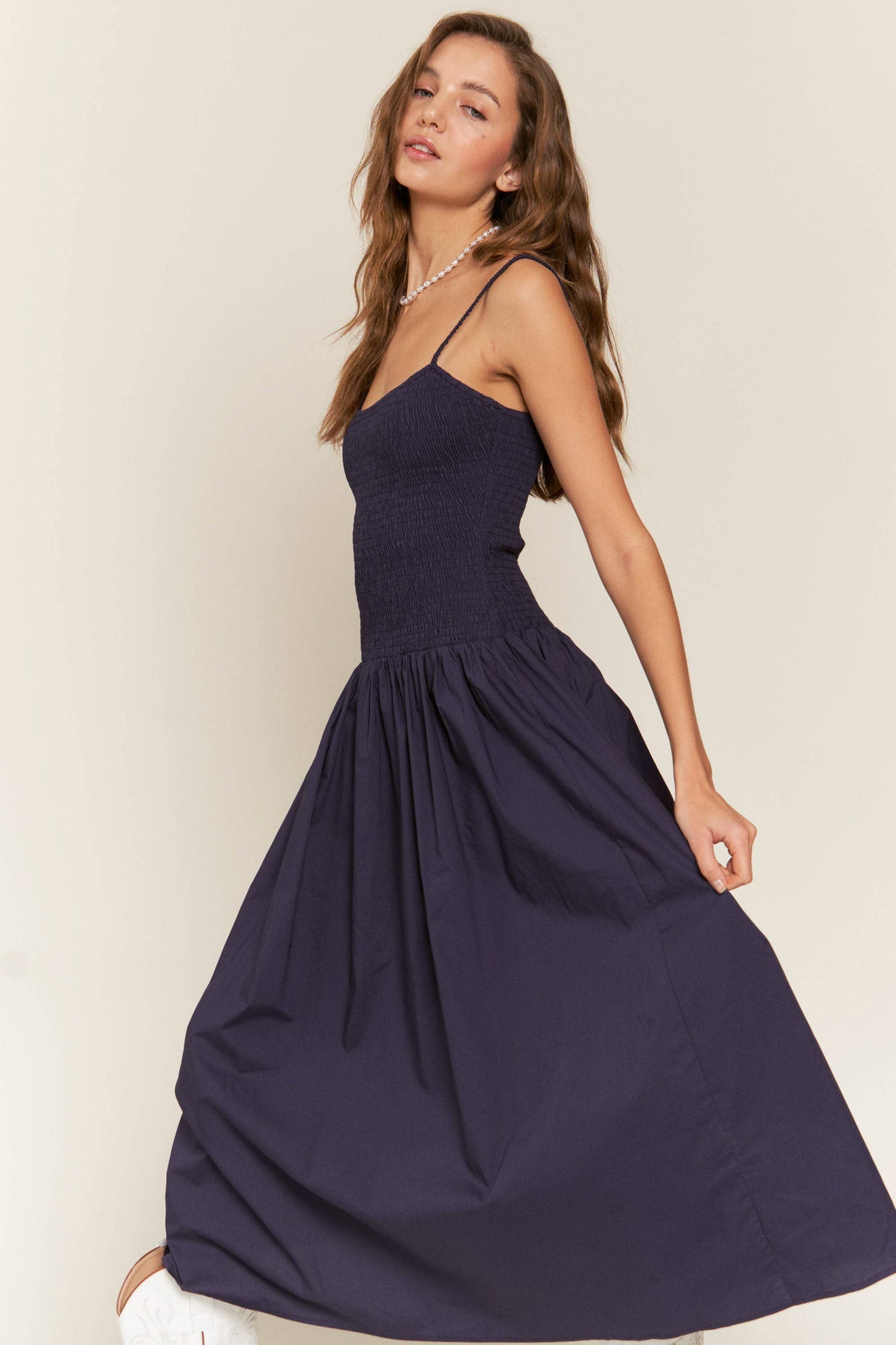 Smocked Boho Navy Midi-Dress