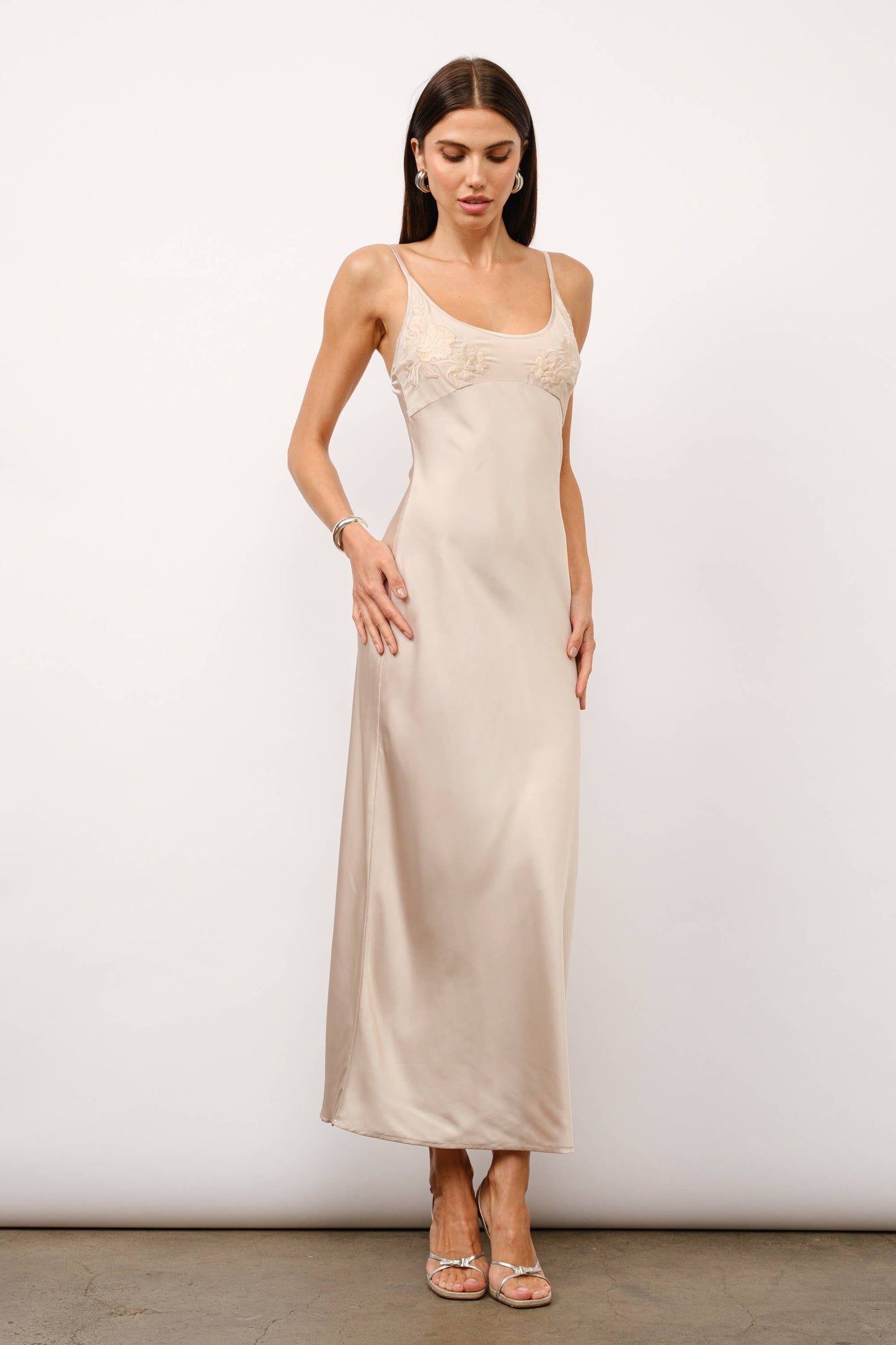 Zaria Embroidery Satin Slip Dress - Ivory
