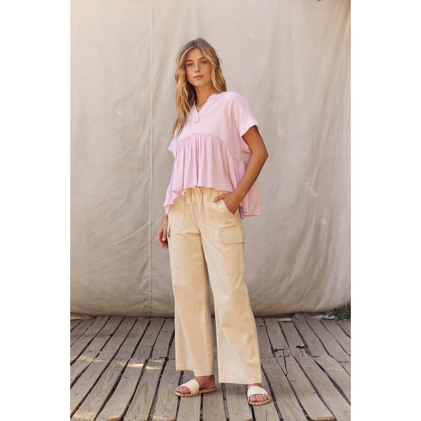 DUO FABRIC RAW EDGE RUFFLE HEM BLOUSE TOP