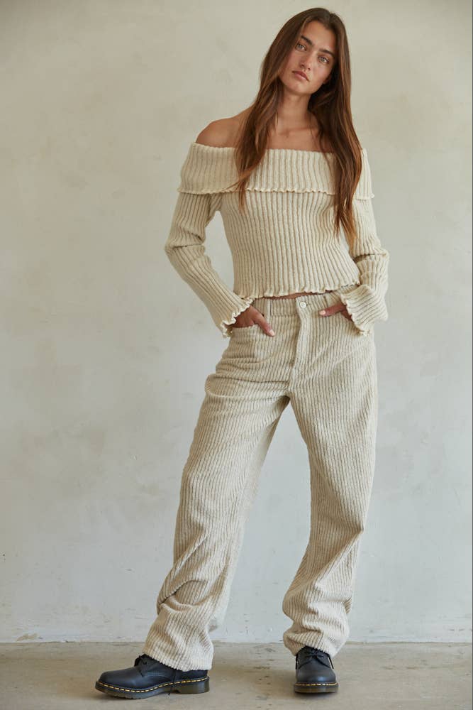 Knit Ribbed Fold Over Off The Shoulder Pullover Top