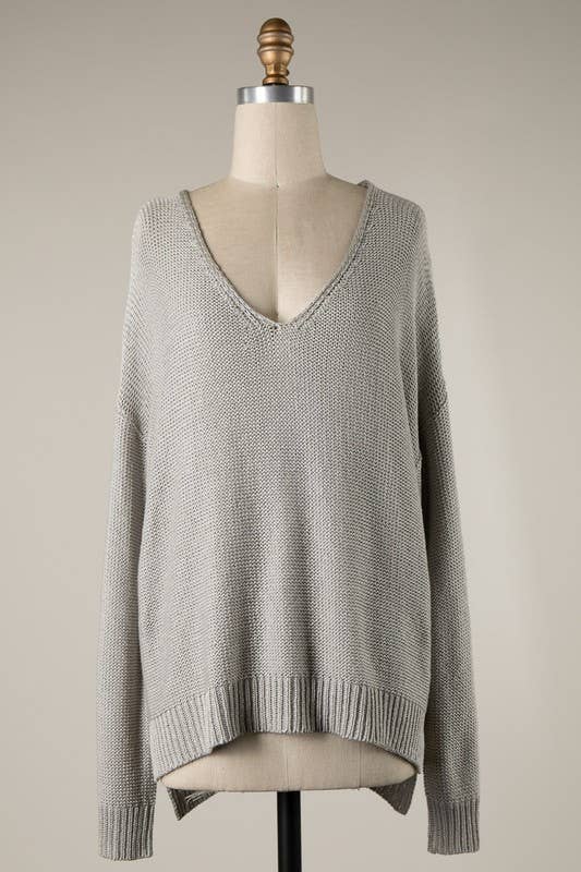 V Neck Ribbed Trim Cable Knit Light Sweater