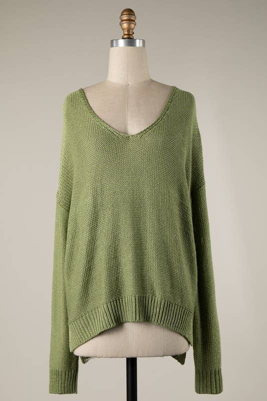V Neck Ribbed Trim Cable Knit Light Sweater