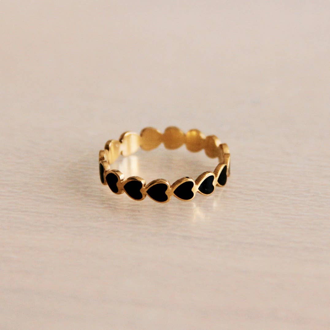 Stainless steel ring black hearts