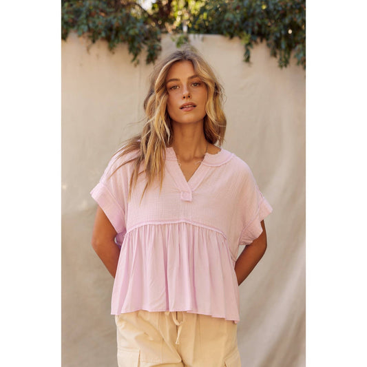 DUO FABRIC RAW EDGE RUFFLE HEM BLOUSE TOP
