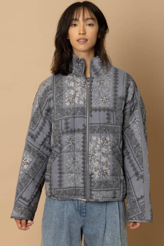 Quilted Bandana Print Bomber Jacket