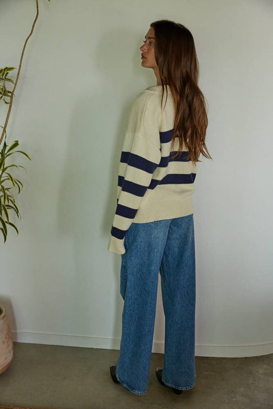 W1538 | Knit Striped Collar V-Neck Long Sleeve Pullover Top