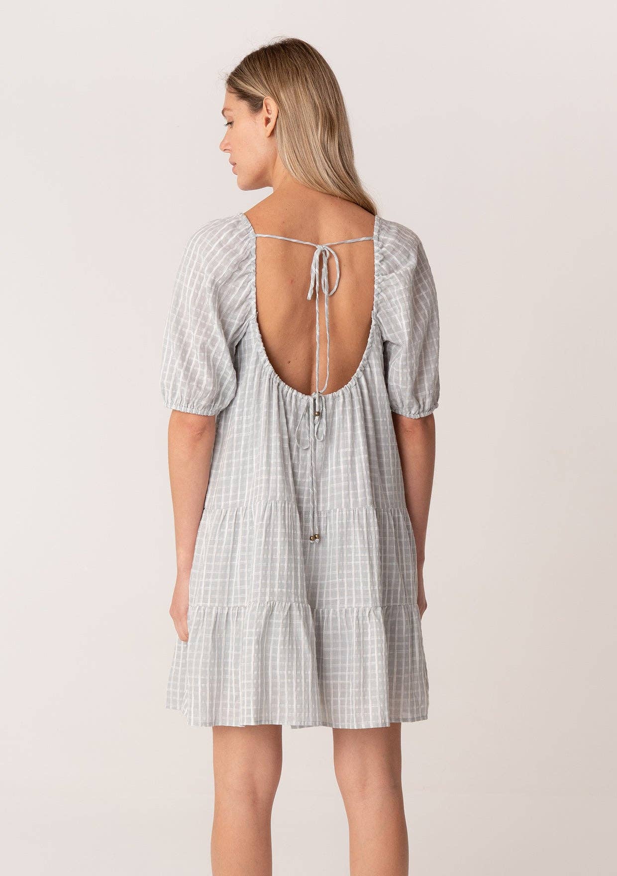 Plaid Short Puff Sleeve Open Back Mini Dress