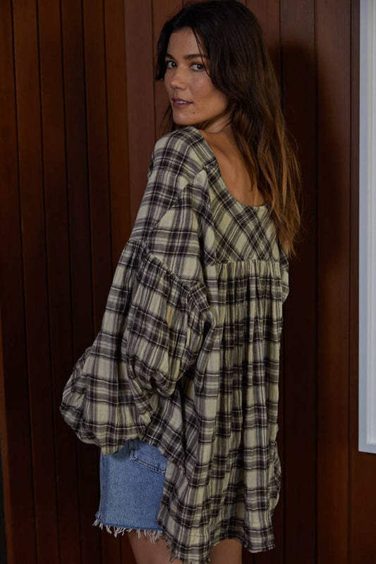 Woven Gauze V-Neck Long Sleeve Loose Fit Top