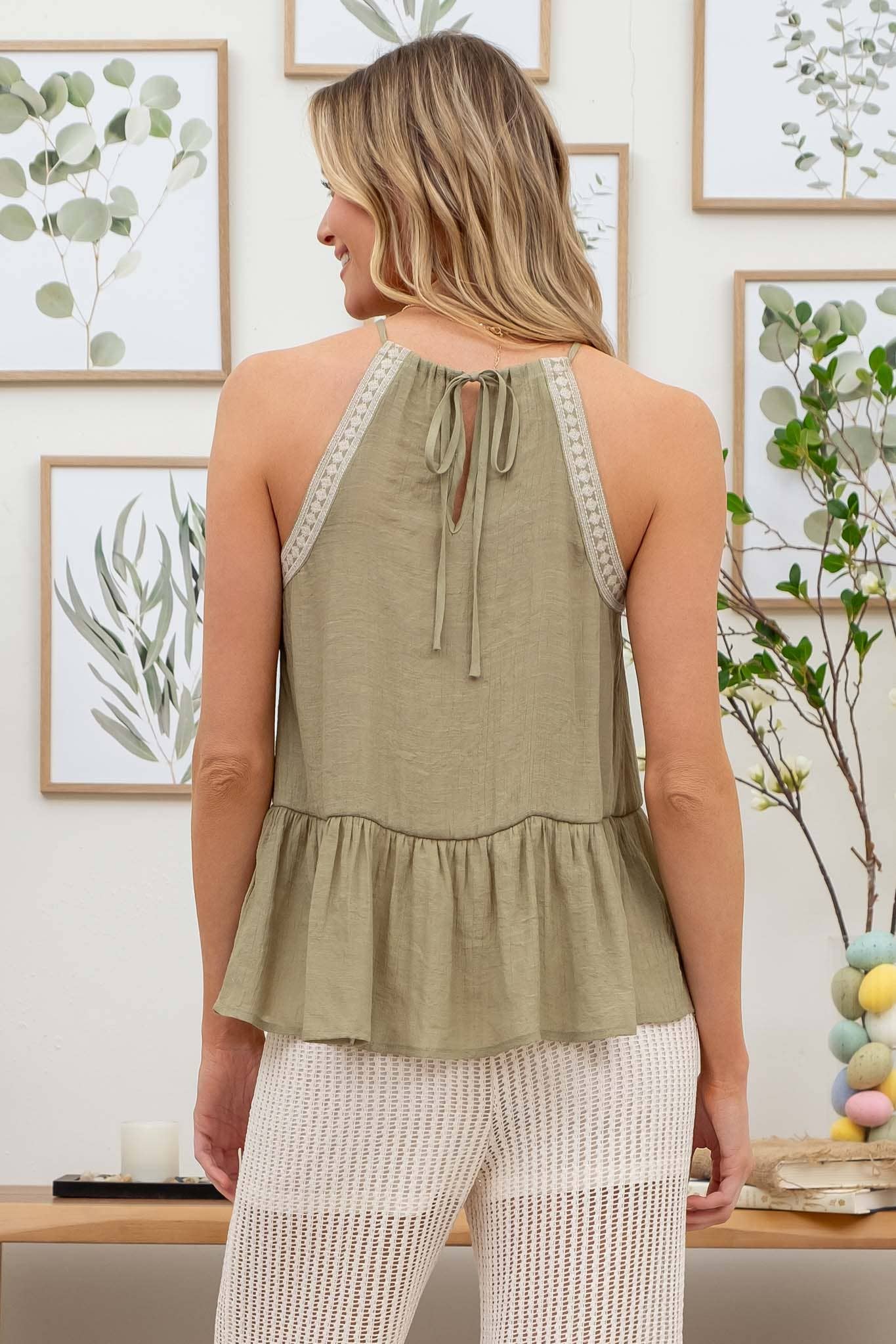 EMBROIDERY DETAIL BACK TIE HALTER TOP