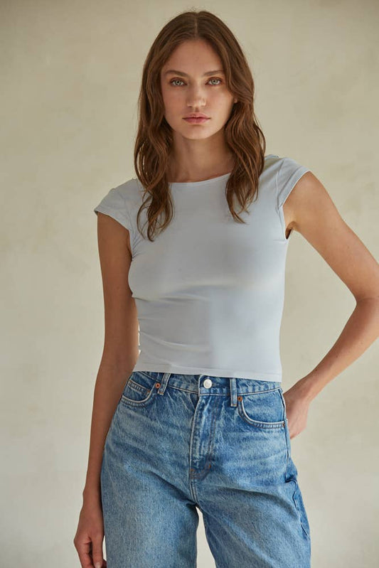 Seamless Round Neck Open Back Cap Sleeve Top