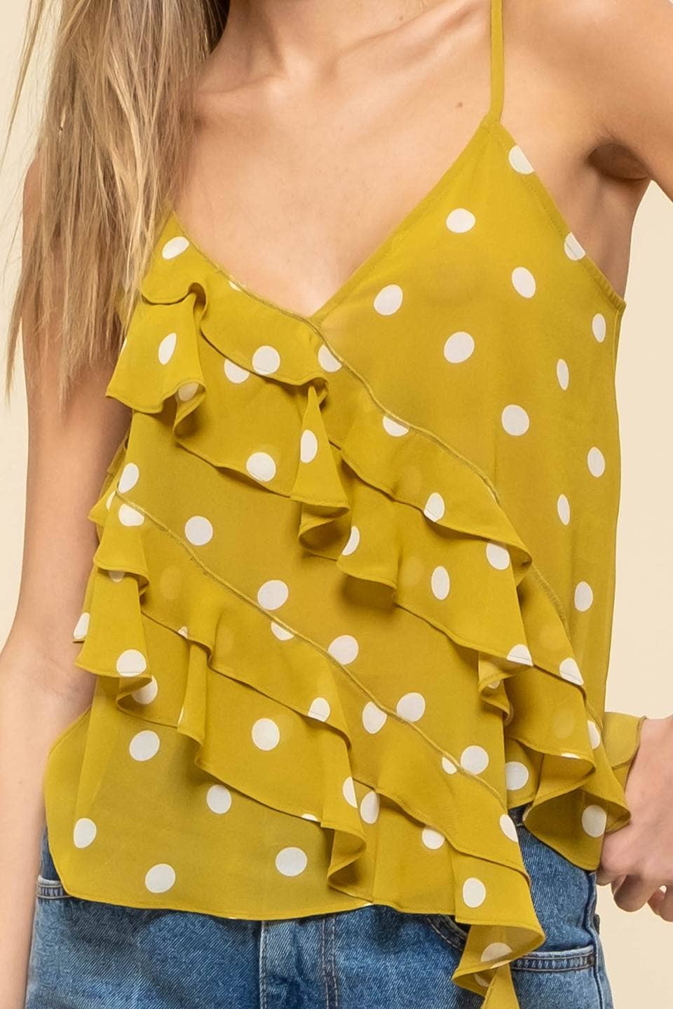 POLKA DOT SLEEVELESS V NECK RUFFLE WRAP BLOUSE