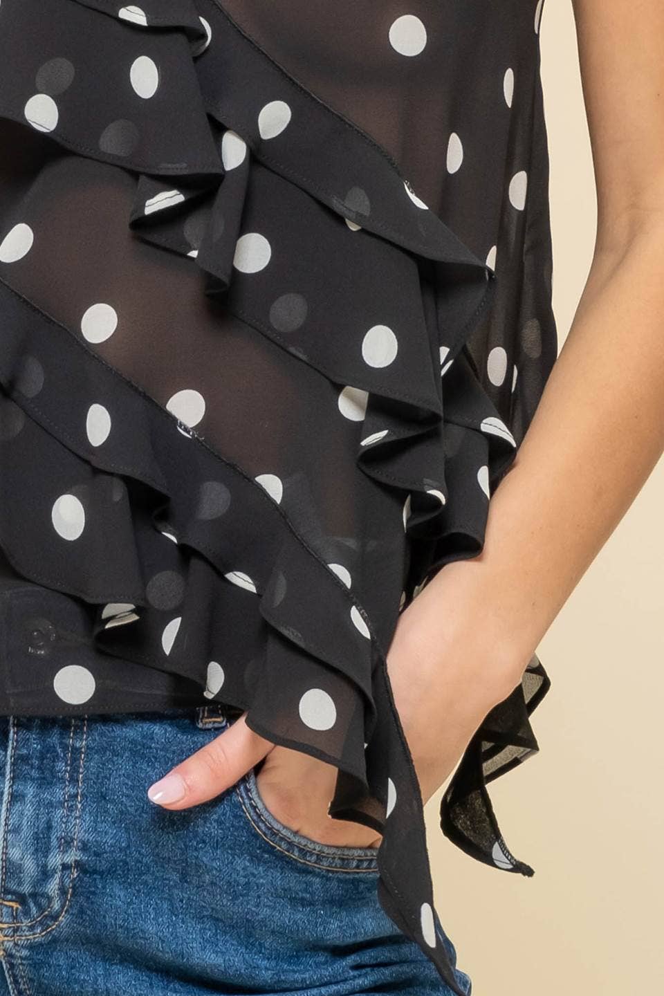 POLKA DOT SLEEVELESS V NECK RUFFLE WRAP BLOUSE