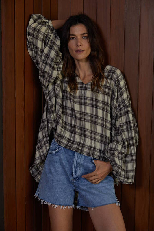 Woven Gauze V-Neck Long Sleeve Loose Fit Top