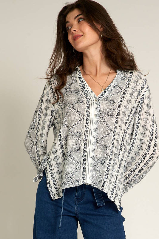 Printed Striped Button Down Blouse