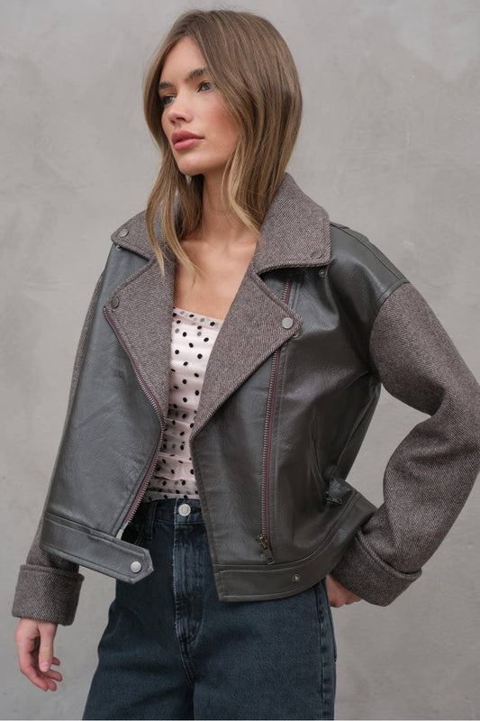 HERRINGBONE LEATHER COMBI JACKET