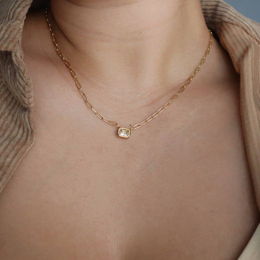 Rectangular Gem Necklace | Paperclip Pendant Necklace