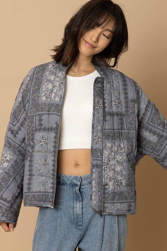 Quilted Bandana Print Bomber Jacket