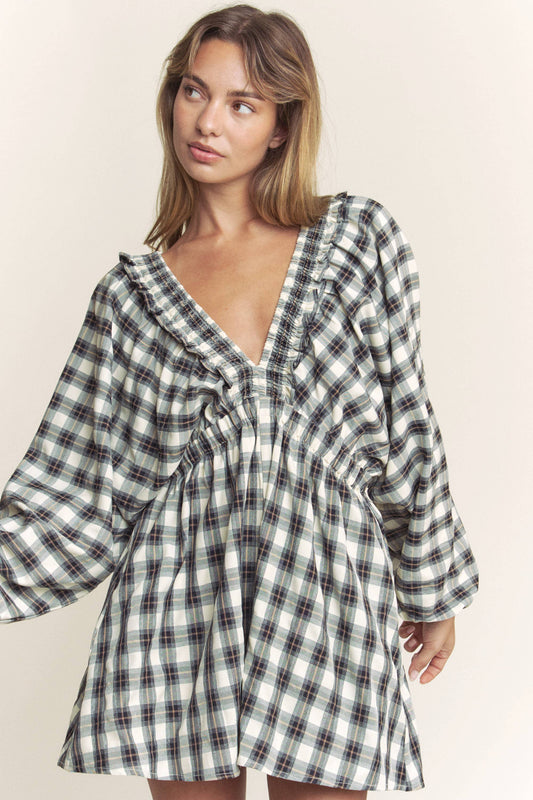 PLAID DEEP V KIMONO SLEEVE ROMPER
