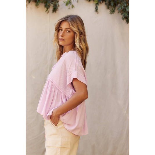 DUO FABRIC RAW EDGE RUFFLE HEM BLOUSE TOP