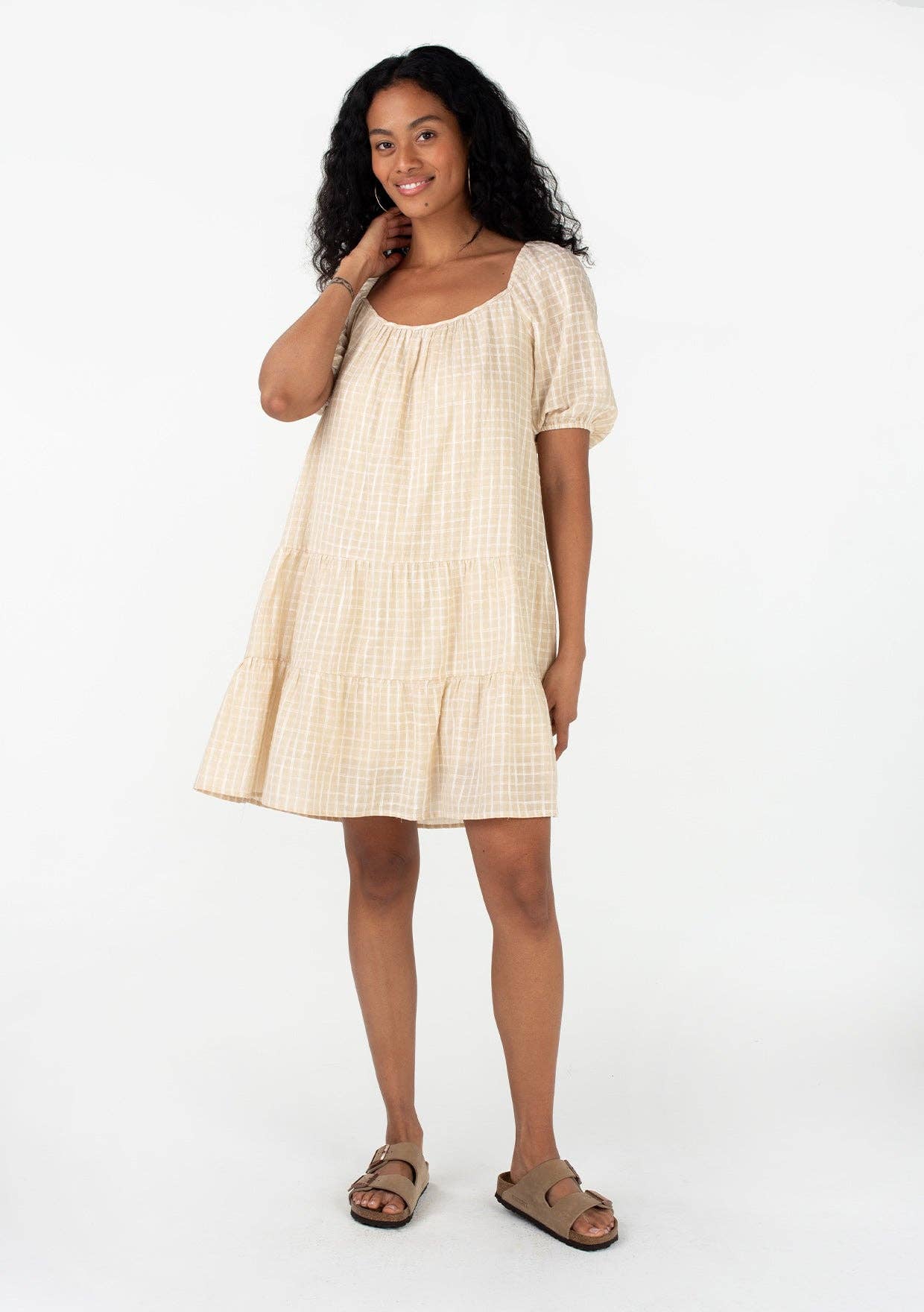 Plaid Short Puff Sleeve Open Back Mini Dress