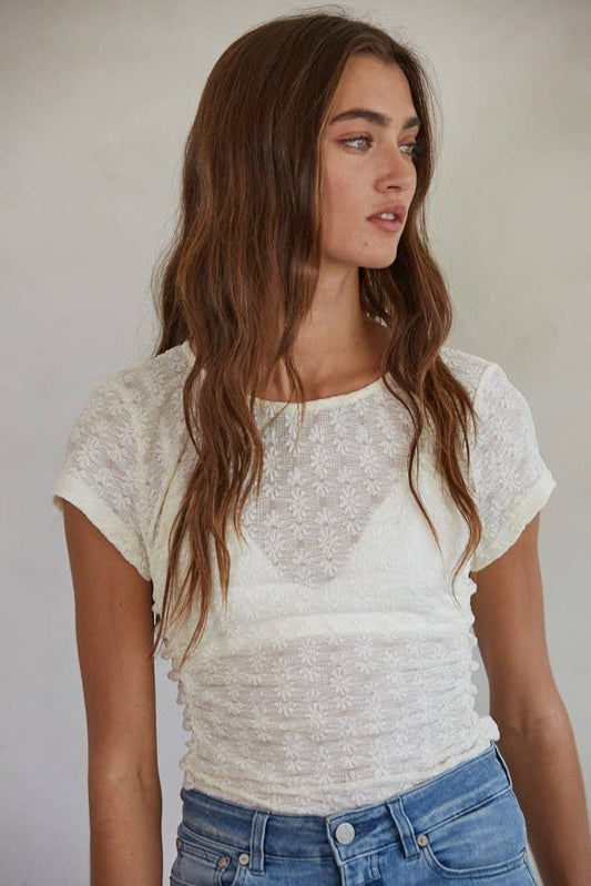 Floral Lace Side Ruched Detail Short Sleeve Top