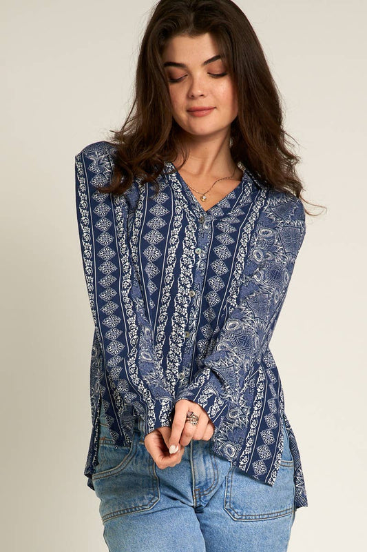 Printed Striped Button Down Blouse