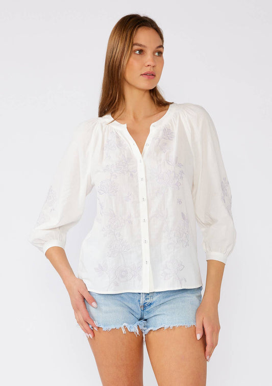 Embroidered 3/4 Sleeve Button Down Blouse