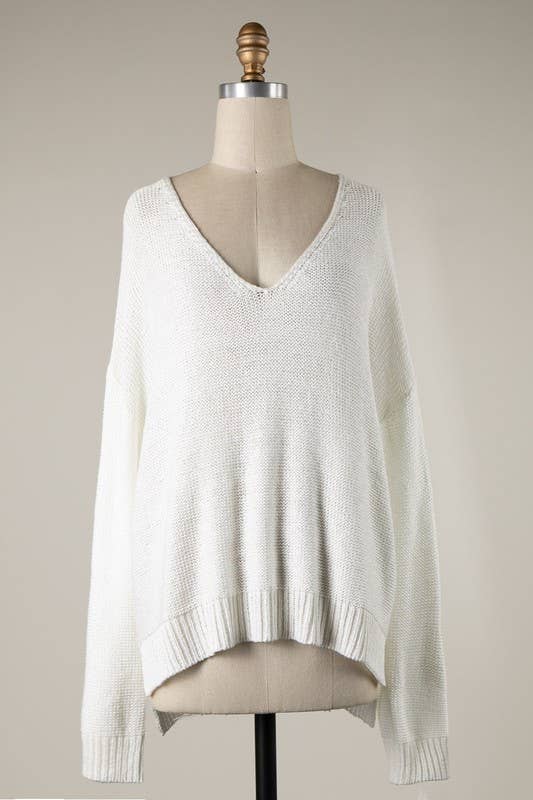 V Neck Ribbed Trim Cable Knit Light Sweater